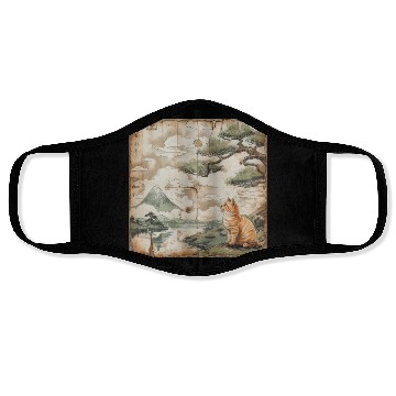 Discover Mt. Fuji Kitten Papyrus Scroll Retro Japanese Art Face Masks
