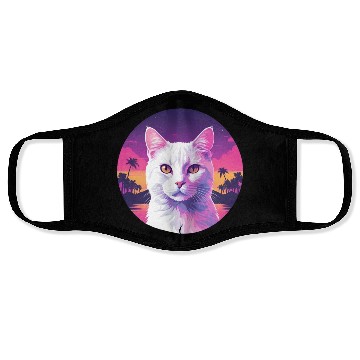 Discover Synthwave White Cat 2 Face Masks