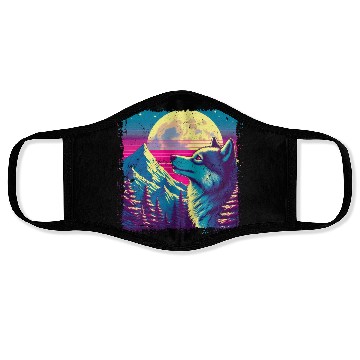 Discover Retro Wolf Gazing at the Moon Face Masks