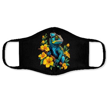 Discover Chameleon on a Branch Surrounded by Flowers Face Masks