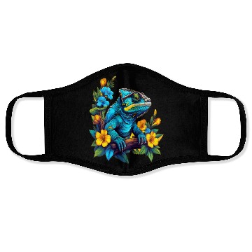 Discover Chameleon Sitting on Branch Surrounded by Flowers Face Masks