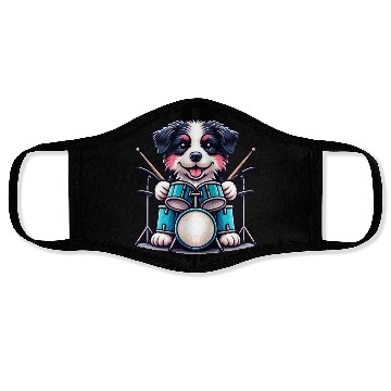 Discover Cool Border Collie Drummer Puppy Design Face Masks