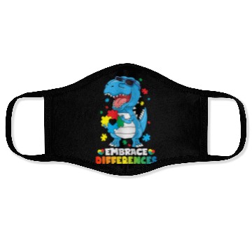 Discover Embrace Differences T Rex Dinosaur Autism Awarenes Face Masks