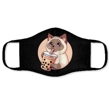 Discover Siamese cat having bubble tea Face Masks