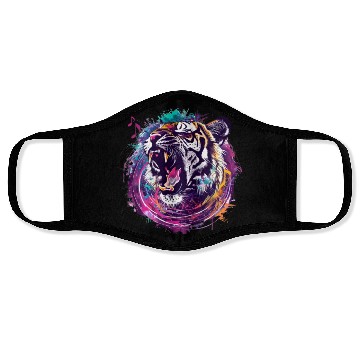 Discover A fierce tiger roaring with musical notes emanatin Face Masks