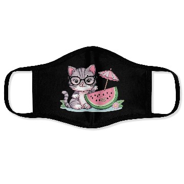 Discover cute kitten an watermelon slice vector illustratio Face Masks