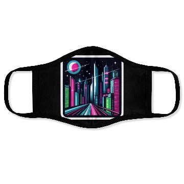 Discover Futuristic cityscape Retro Synthwave Cyberpunk Face Masks