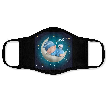 Discover Sleeping baby on the moon with owl. Face Masks