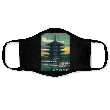 Discover Vintage Travel Kyoto Japan Sunset Retro Graphic Face Masks