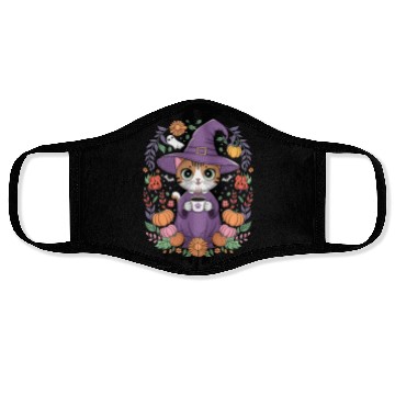 Discover Halloween Cute Witch Cat with Coffee Mug Face Masks