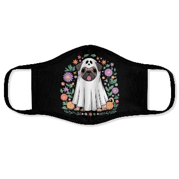 Discover Halloween Pug Ghost Surrounded by Flowers Face Masks
