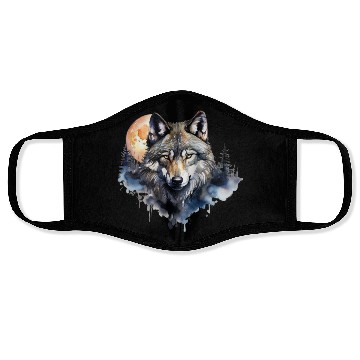 Discover Wolf Portrait Under Full Moon Design Face Masks