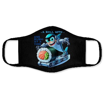 Discover funny shark cyborg cyberpunk rolling sushi Face Masks