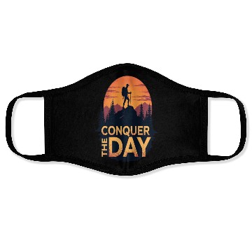 Discover Conquer the Day Hiking Illustration Face Masks