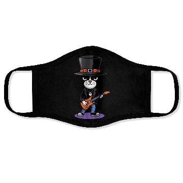 Discover Black and White Cat Playing Guitar Face Masks