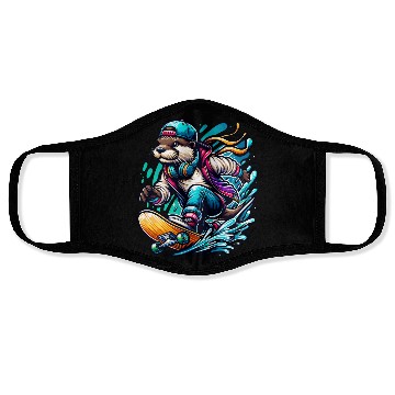 Discover Cool Otter Skateboarding with Headphones Vibrant Face Masks