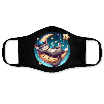 Discover Cute Cat Relaxing on Moon with Stars and Coffee Face Masks