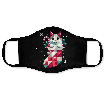 Discover cute cat in a colorful Christmas stocking Face Masks