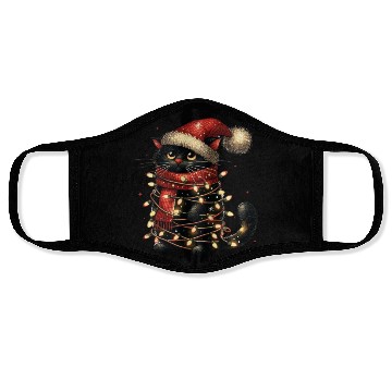 Discover Black Cat In Christmas Light, Cat Lights Face Masks