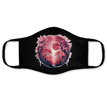 Discover Serene Sakura Under Crimson Sun Face Masks