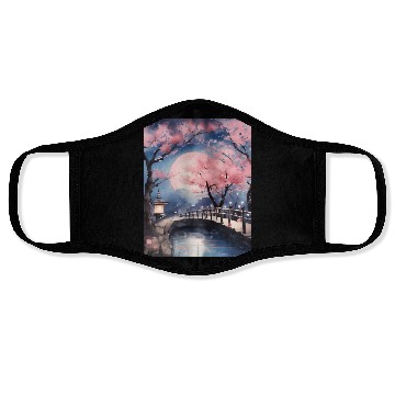 Discover Watercolor cherry blossom festival full moon Face Masks