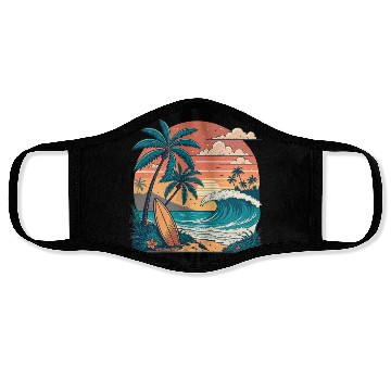 Discover Tropical Paradise Sunset Surfing and Palm Trees Face Masks