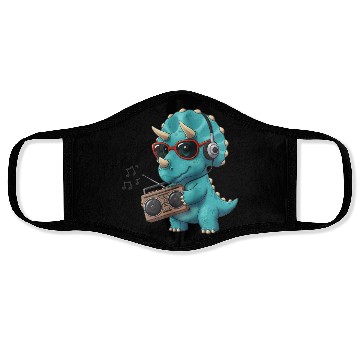 Discover Dino cartoon triceratops listening to music Face Masks