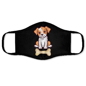 Discover Cute White and brown dog with bone Face Masks