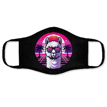 Discover Retro Sunset Llama with Sunglasses in Neon Vibes Face Masks