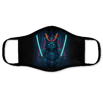 Discover A futuristic samurai cat in neon armor with glo Face Masks
