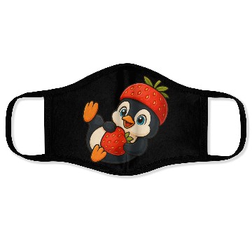Discover Cute penguin with fruity strawberry hat cartoon Face Masks
