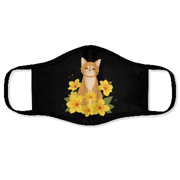 Discover Orange Cat Surrounded by Yellow Hibiscus Flowers Face Masks