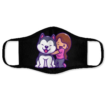 Discover Cute Girl Hugging Playful Husky Design Face Masks