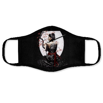 Discover Samurai Serenity: Woman with Sword Under Cherry Face Masks