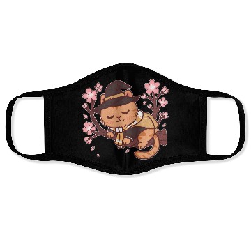 Discover Whimsical Witch Cat in Cherry Blossom Tree Face Masks