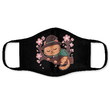 Discover Whimsical Wizard Cat in Blooming Cherry Tree Face Masks