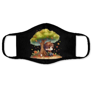 Discover Autumn Serenity Chibi under a Maple Tree Face Masks