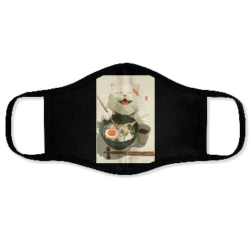 Discover Happy White Cat Eating Ramen Face Masks