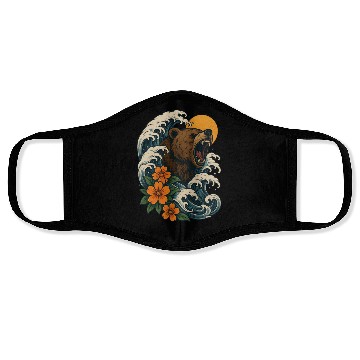 Discover Bear Surfer Wave with Hibiscus Flowers Face Masks