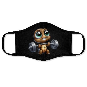 Discover Chibi turtle with barbell weightlifter cartoon Face Masks