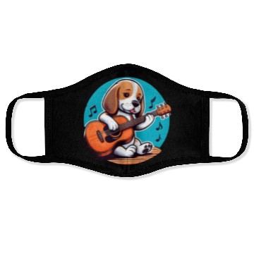 Discover Playful Puppy Guitar Illustration Face Masks
