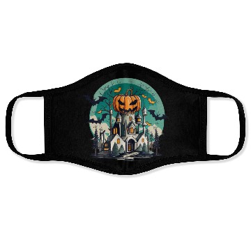 Discover Haunted Pumpkin Castle Halloween Design Face Masks