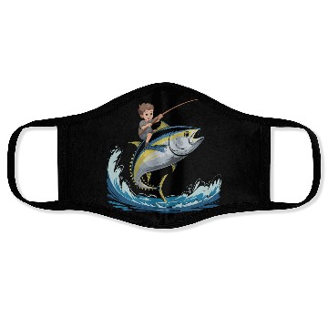 Discover Joyful young boy rides massive jumping tuna Face Masks