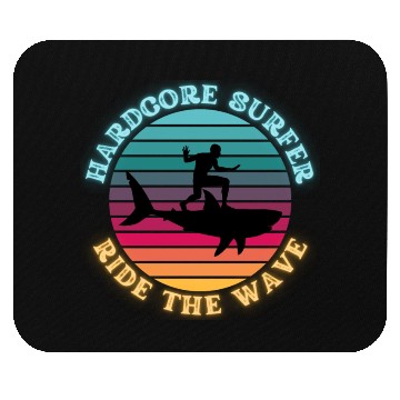 Discover Hardcore Shark Surfer Ride the Wave Sunset Neon Mouse Pads