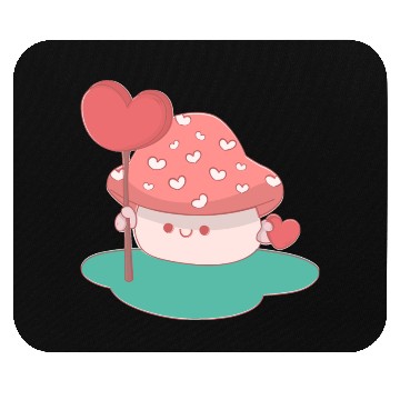 Discover cute little mushroom holding a candy heart Mouse Pads