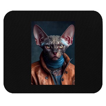 Discover Devon Rex Cat Breed Portrait wears a leather jacke Mouse Pads