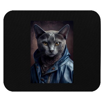 Discover Russian Blue Cat Breed Portrait wears a leather j Mouse Pads