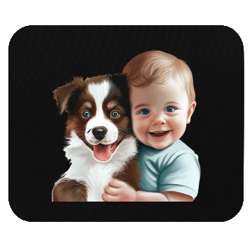 Discover Sweet baby smiling with lovely puppy Mouse Pads