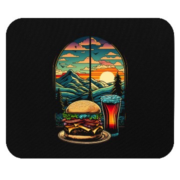 Discover Church window with hamburger burger and drink Mouse Pads
