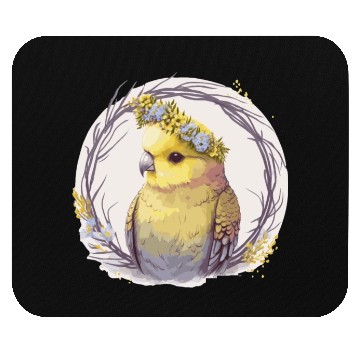 Discover Cute Yellow Budgie Parakeet Bird Flower Crown Pet Mouse Pads